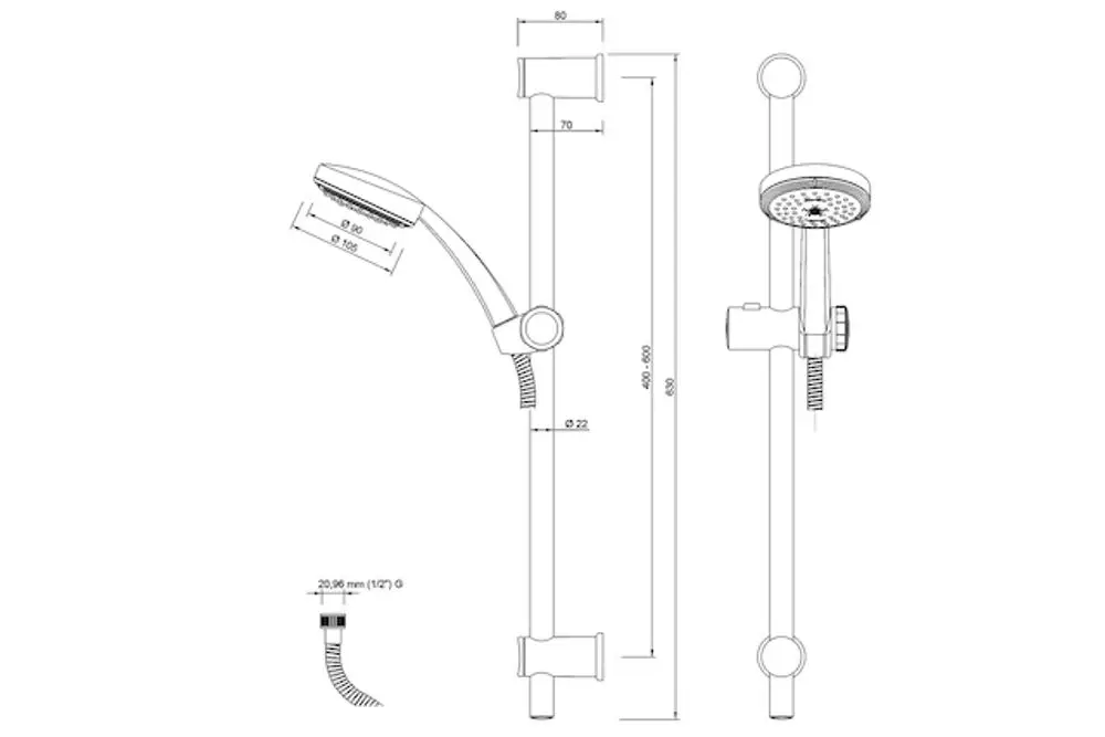 Chromfarbenes Brauseset mit Handbrause und Schlauch, dargestellt in technischen Zeichnungen, hergestellt von Roth. Features und Maße sind schematisch aufgeführt.